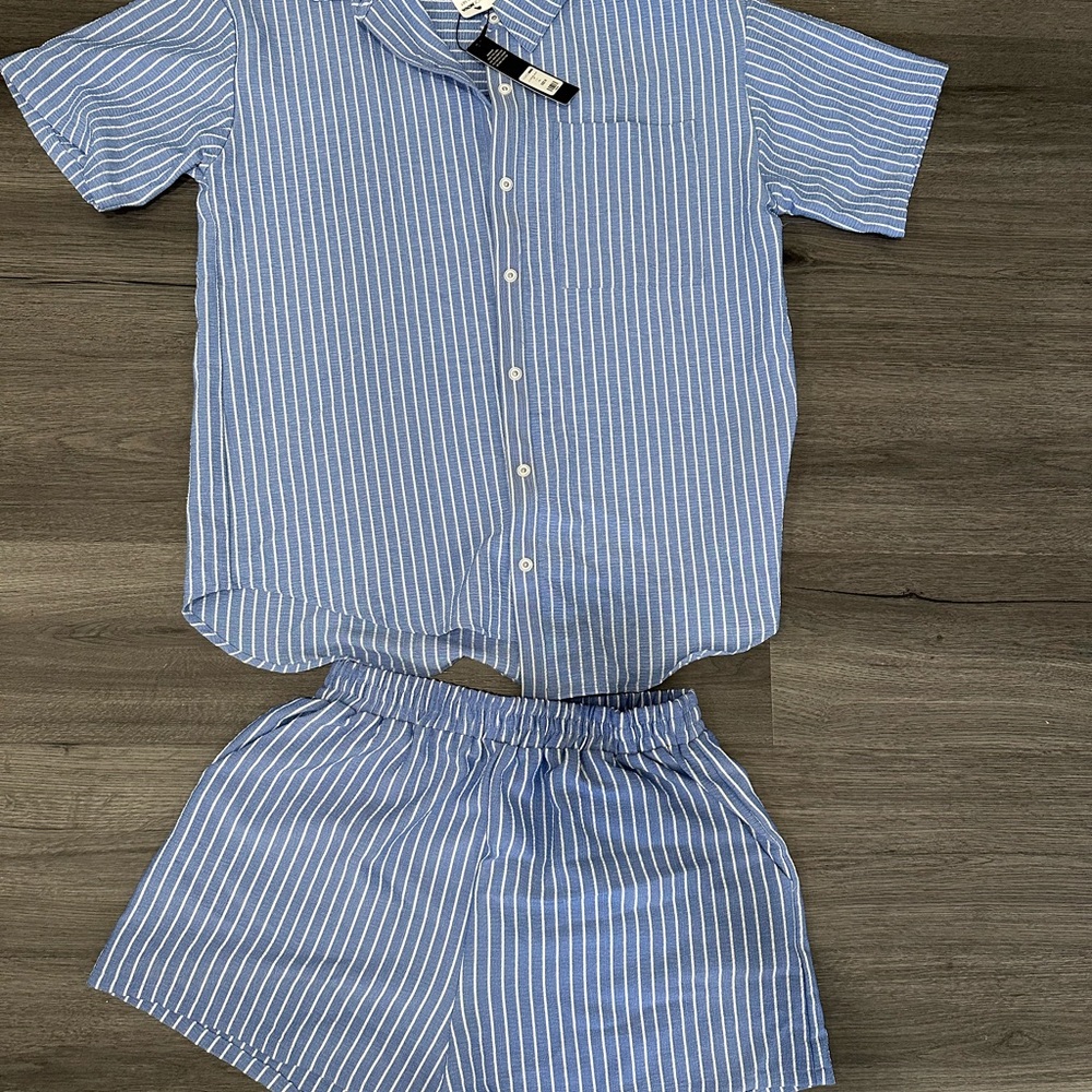 Fashion Nova - Lily Striped Short Sleeve Shirt and Shorts Set